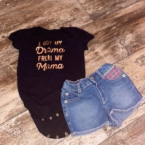 jean shorts, and black “i got my drama from my mama” short sleeve onesie
